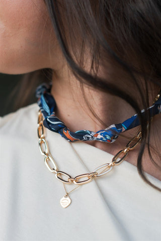 Navy Knotted Scarf Necklace With Chain