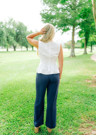 Navy Linen Blend Wide Leg Trousers | Select Trends Boutique