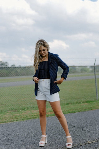 Navy Pinstripe Set Crop Top | Select Trends Boutique