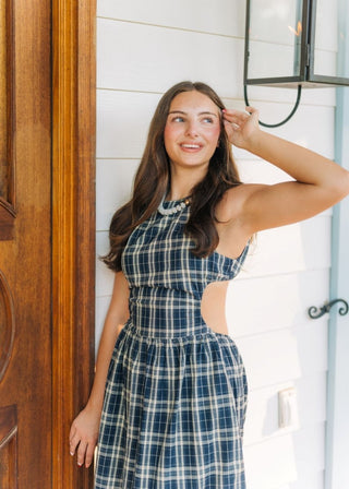 Navy Plaid Open Back Midi Dress | Select Trends Boutique