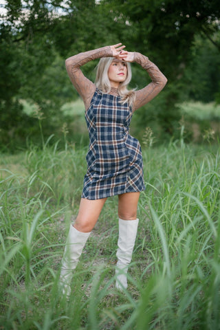 Navy Plaid Wool Mini Dress - Select Trends Boutique