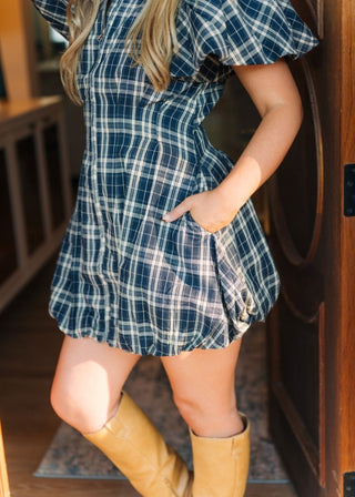Navy Plaid Zip Up Bubble Dress | Select Trends Boutique