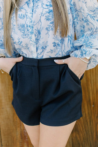Navy Pleated High Waisted Shorts | Select Trends Boutique