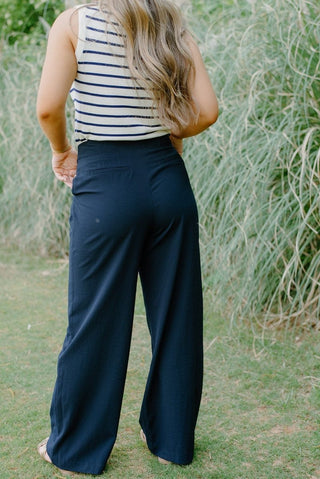 Navy Pleated High Waisted Trousers | Select Trends Boutique