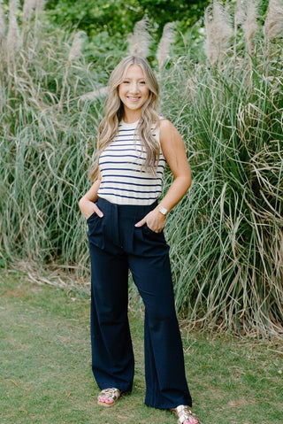 Navy Pleated High Waisted Trousers | Select Trends Boutique
