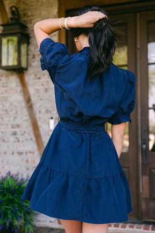 Navy Ruffle Detail Short Sleeve Dress