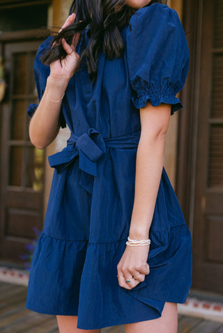 Navy Ruffle Detail Short Sleeve Dress