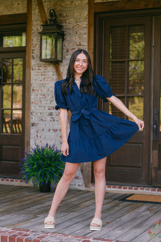 Navy Ruffle Detail Short Sleeve Dress