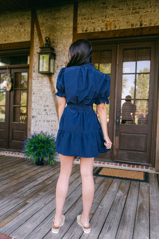 Navy Ruffle Detail Short Sleeve Dress
