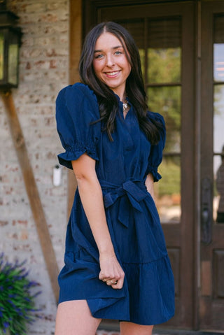 Navy Ruffle Detail Short Sleeve Dress - Select Trends Boutique