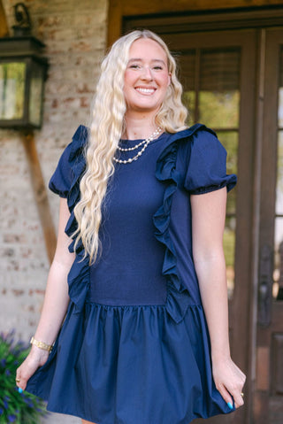 Navy Ruffle Drop Waist Mini Dress