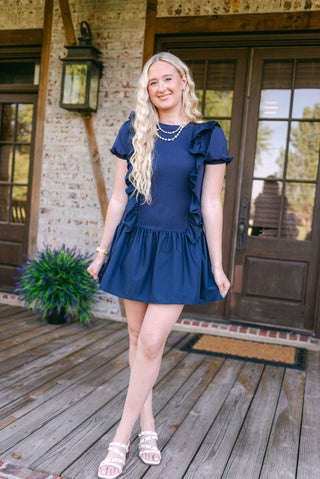 Navy Ruffle Drop Waist Mini Dress