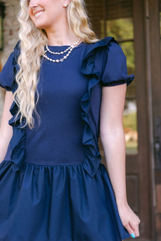 Navy Ruffle Drop Waist Mini Dress