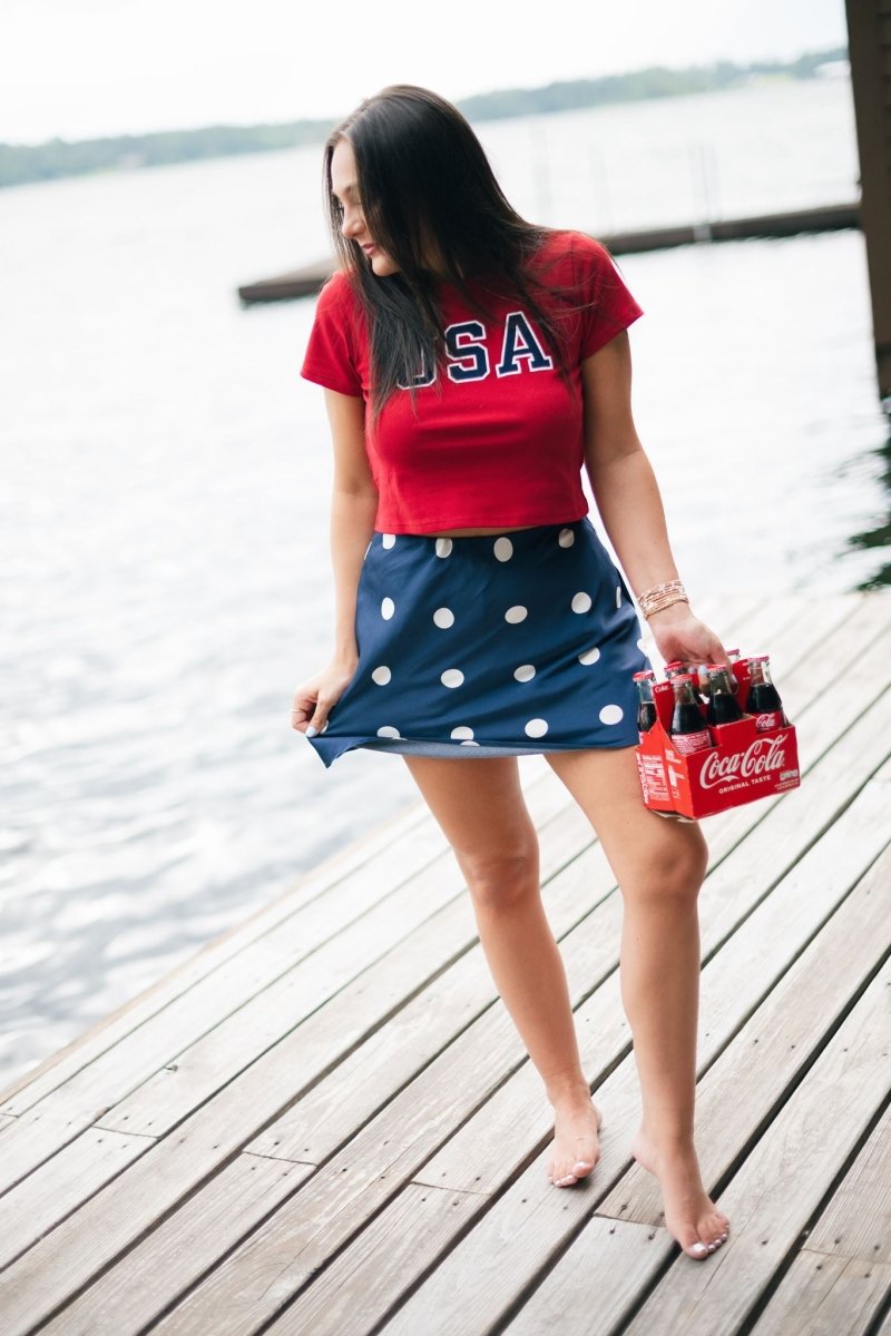 Navy Satin Polka Dot Mini Skort