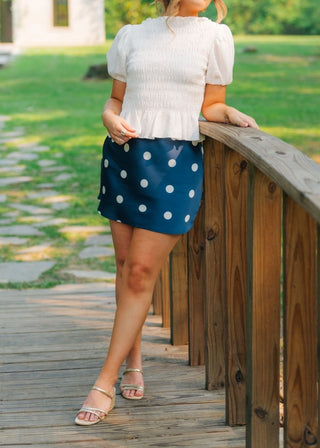 Navy Satin Polka Dot Mini Skort | Select Trends Boutique
