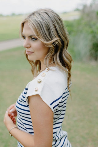 Navy Striped Button Detail Knit Dress | Select Trends Boutique