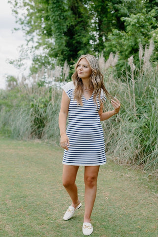 Navy Striped Button Detail Knit Dress | Select Trends Boutique