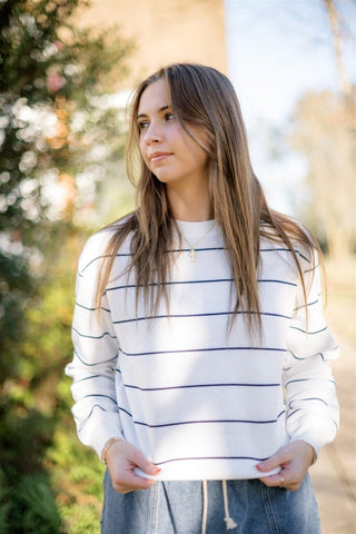Navy Striped Long Sleeve Sweatshirt | Select Trends Boutique