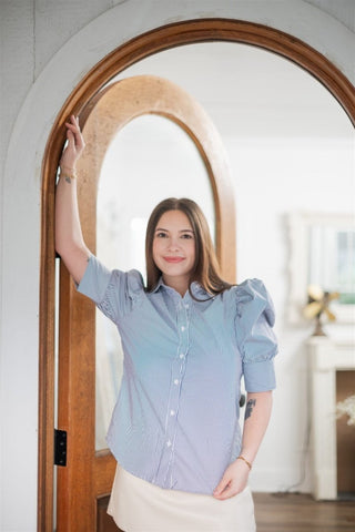 Navy Striped Short Puff Sleeve Blouse | Select Trends Boutique