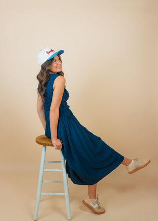 Navy Tie Front Smocked Midi Dress | Select Trends Boutique