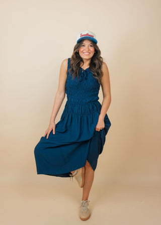 Navy Tie Front Smocked Midi Dress | Select Trends Boutique