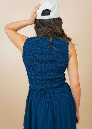 Navy Tie Front Smocked Midi Dress | Select Trends Boutique