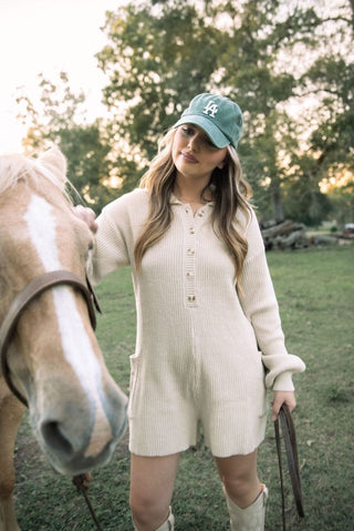 Oatmeal Button Up Knit Romper | Select Trends Boutique