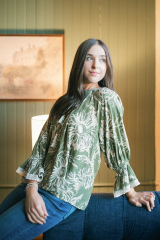 Olive Floral Flutter Hem Blouse | Select Trends Boutique