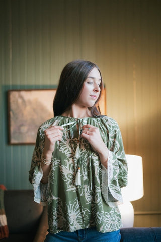 Olive Floral Flutter Hem Blouse | Select Trends Boutique