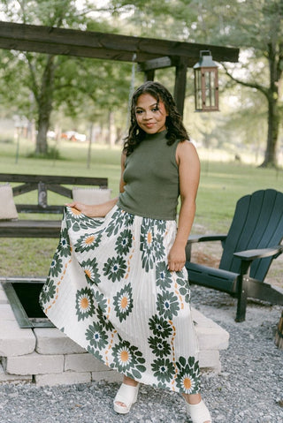 Olive Floral Pleated Midi Dress | Select Trends Boutique