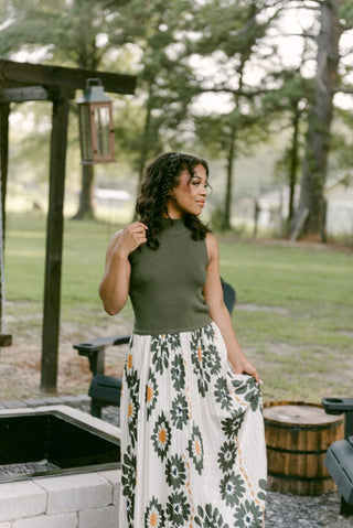 Olive Floral Pleated Midi Dress | Select Trends Boutique