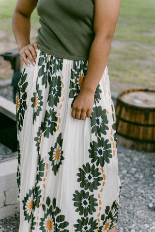 Olive Floral Pleated Midi Dress | Select Trends Boutique