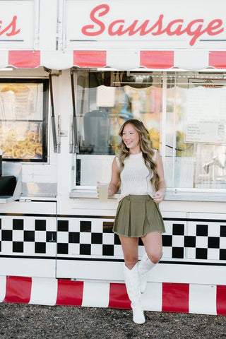 Olive Green Pleated Mini Skort | Select Trends Boutique