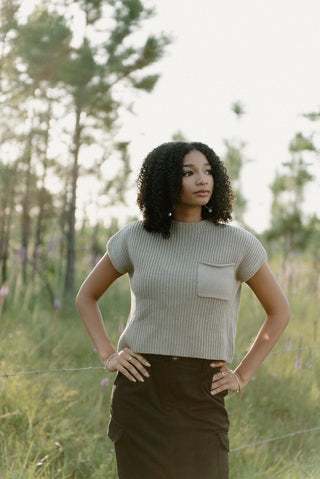 Olive Mock Neck Pocket Knit Top