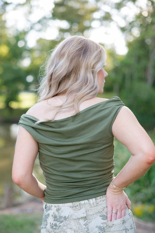 Olive Off Shoulder Ruched Top | Select Trends Boutique