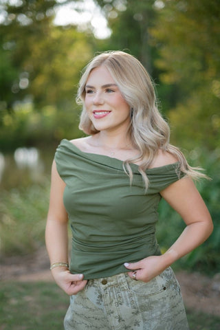 Olive Off Shoulder Ruched Top | Select Trends Boutique
