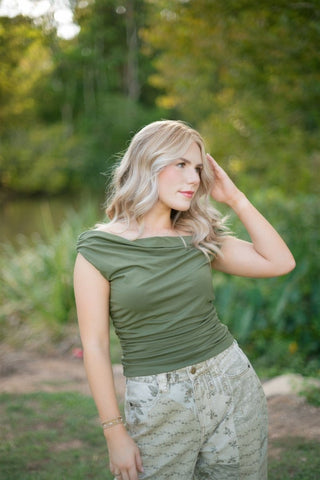 Olive Off Shoulder Ruched Top | Select Trends Boutique