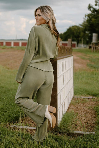 Olive Pleated Set Pants | Select Trends Boutique