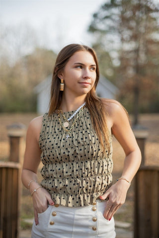 Olive Polka Dot Smocked Top - Select Trends Boutique
