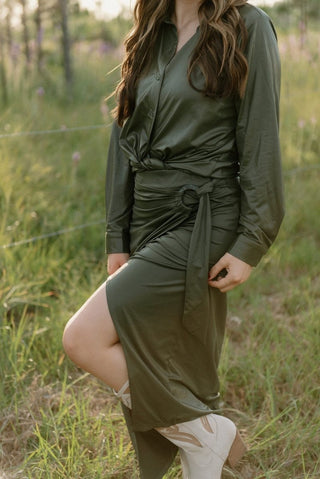 Olive Shimmer Set Wrap Midi Skirt - Select Trends Boutique