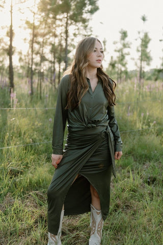 Olive Shimmer Set Wrap Midi Skirt - Select Trends Boutique