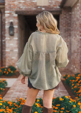 Olive Striped Bubble Sleeve Blouse | Select Trends Boutique