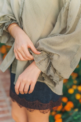 Olive Striped Bubble Sleeve Blouse | Select Trends Boutique