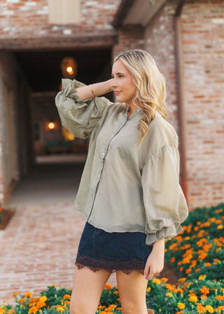 Olive Striped Bubble Sleeve Blouse | Select Trends Boutique