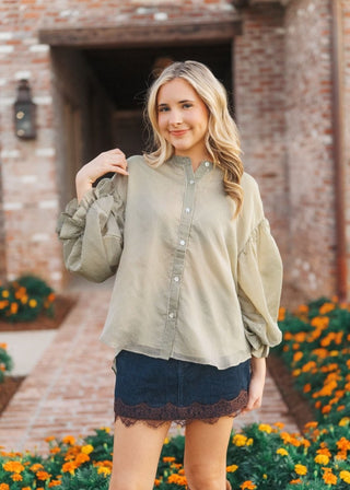 Olive Striped Bubble Sleeve Blouse | Select Trends Boutique