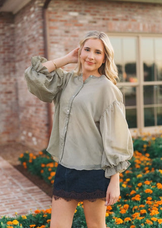 Olive Striped Bubble Sleeve Blouse | Select Trends Boutique