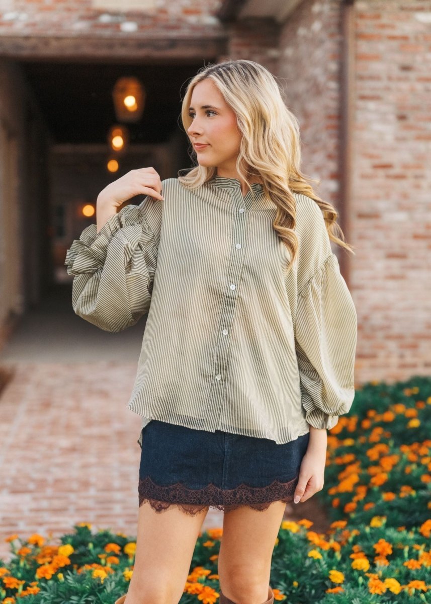 Olive Striped Bubble Sleeve Blouse