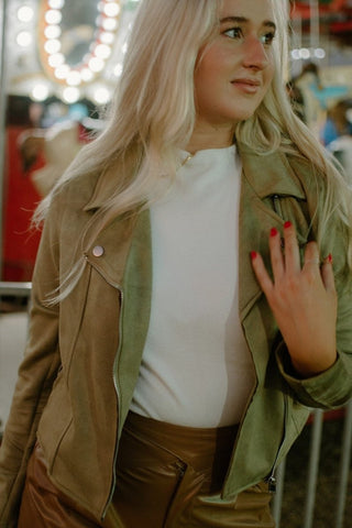 Olive Suede Collared Moto Jacket | Select Trends Boutique