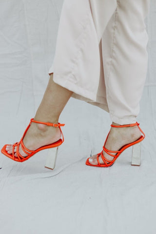 Orange Strappy Gold Block Heels | Select Trends Boutique