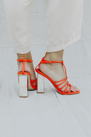 Orange Strappy Gold Block Heels | Select Trends Boutique